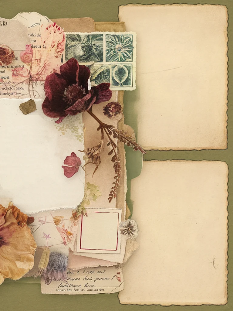 Vintage scrapbook collage with flowers, stamps, and blank spaces on a textured green background.