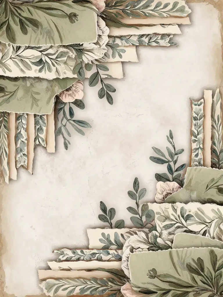 Vintage floral scrapbook design with layered torn paper and greenery on a textured background.