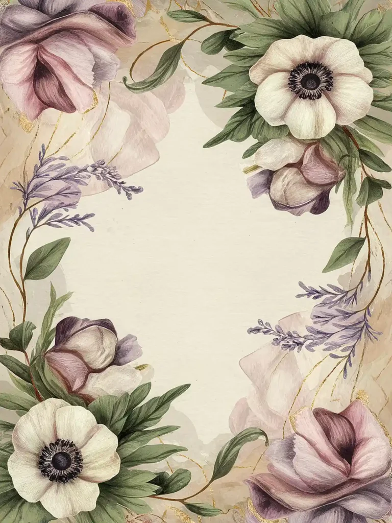 Elegant floral border with pastel flowers and leaves on a beige background, perfect for invitations or stationery.