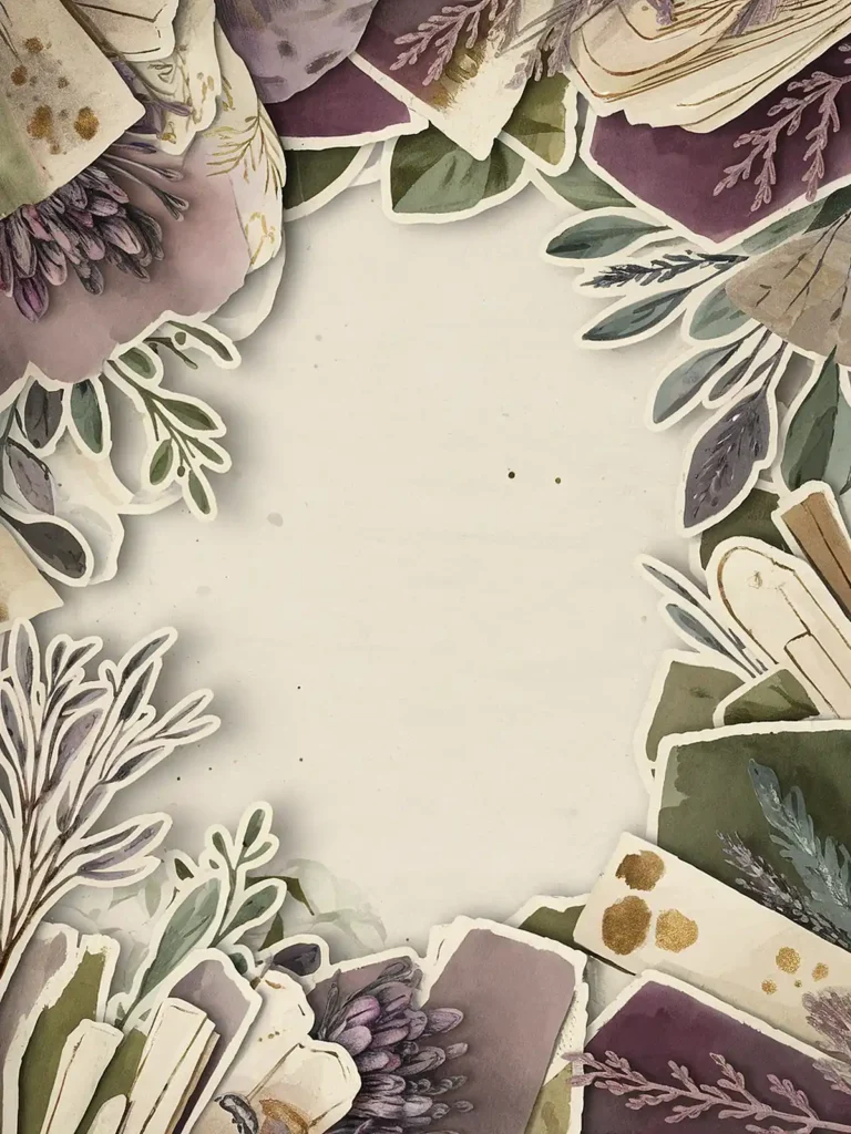 Vintage botanical frame with purple, green, and beige flowers and leaves, creating a nostalgic and artistic border.