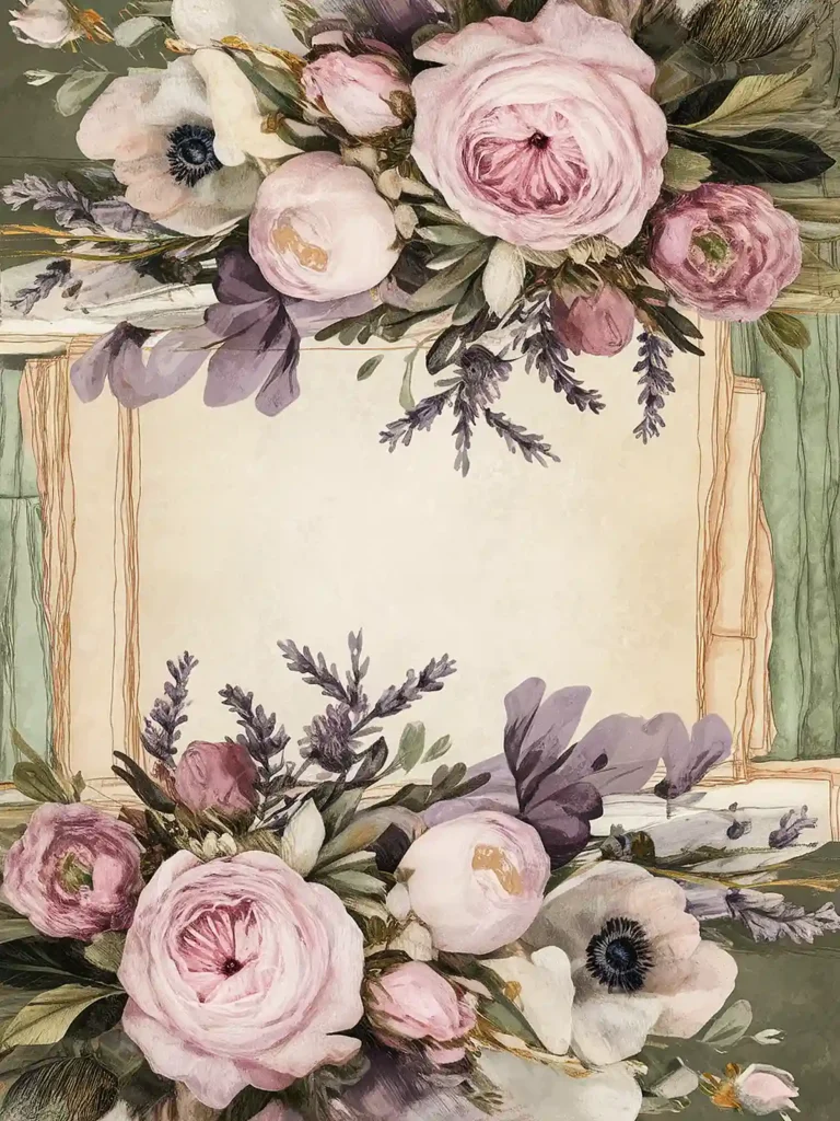 Vintage floral frame with pink roses and white flowers, ideal for wedding invitations or romantic stationery designs.