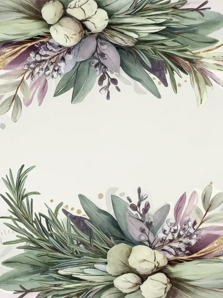 Elegant floral arrangement with green leaves and soft cotton accents on a light background, perfect for invitations.