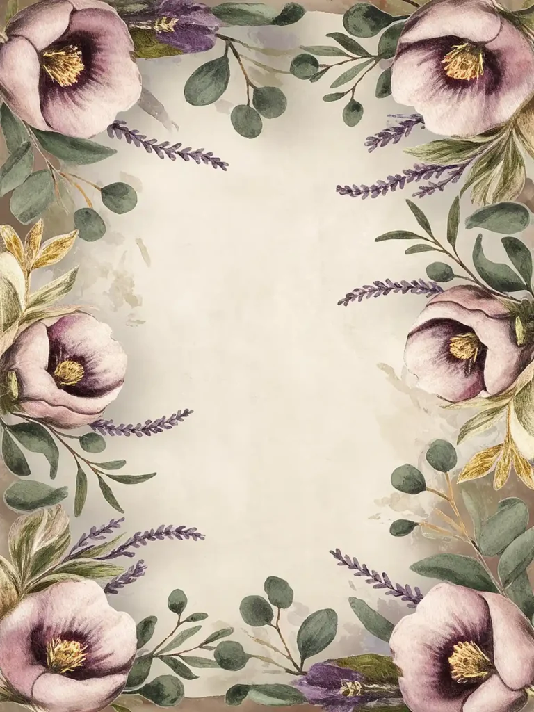 Vintage floral frame with lavender and pink flowers on a beige background. Perfect for invitations or greeting cards.