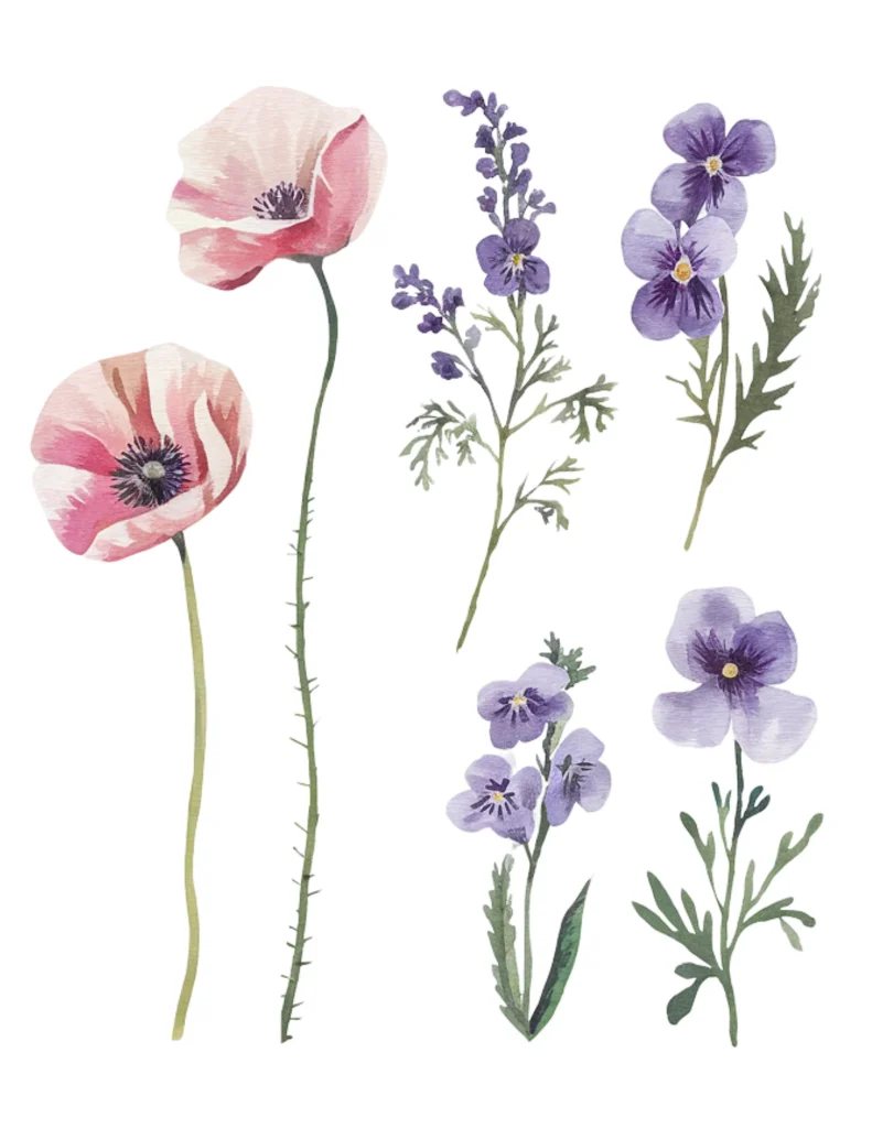 Watercolor painting of pink poppies and purple wildflowers on a white background.
