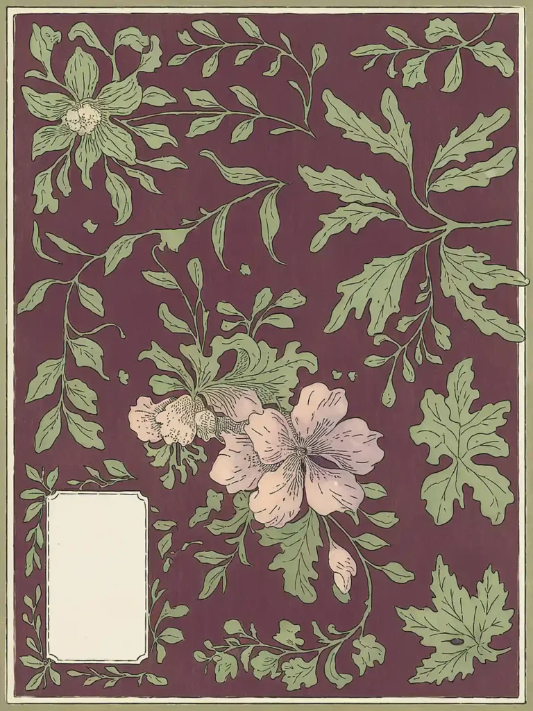 Vintage floral illustration with green leaves and pink flowers on a maroon background.