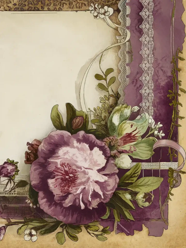 Vintage floral border with purple flowers and lace details, perfect for elegant invitations or scrapbooking themes.