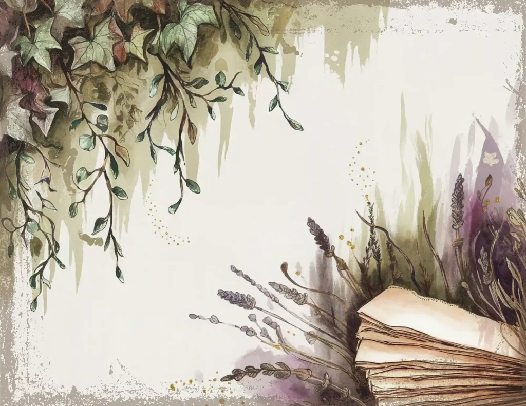 Watercolor leaves and flowers with aged book on textured background, offering a vintage nature-inspired design.