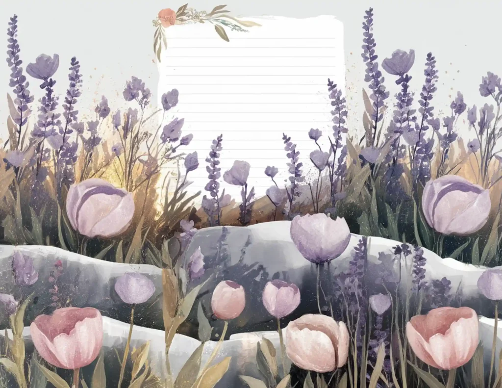 Watercolor floral notepad with lavender and pink flowers, blank space for notes, artistic stationery design.