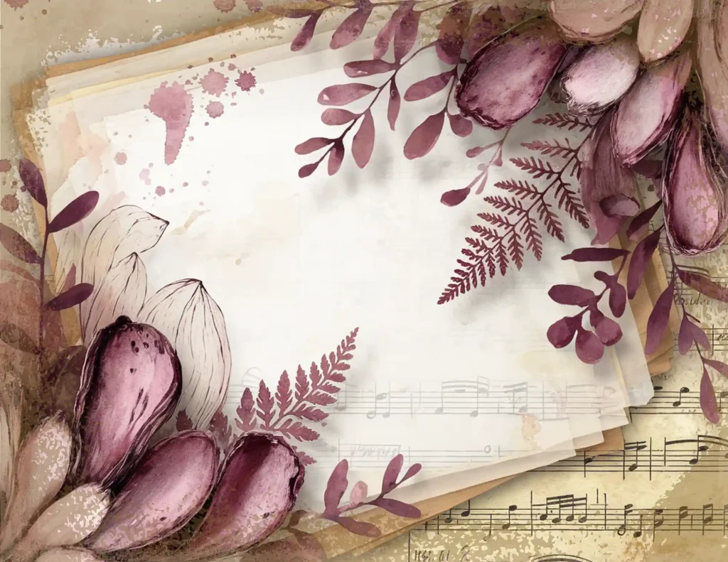 Watercolor floral frame with purple leaves and music notes, creating an elegant vintage background.
