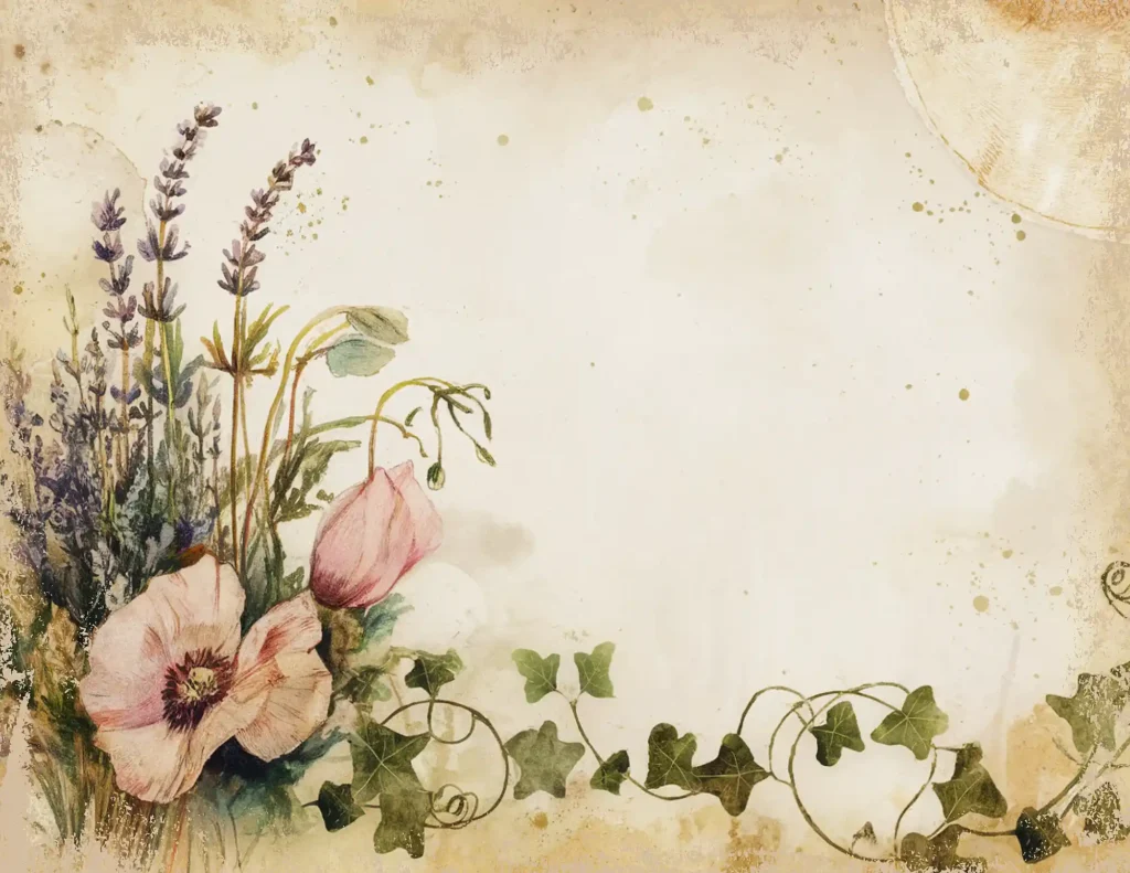 Vintage floral illustration with lavender, poppy, and ivy on a textured background. Ideal for nature-themed designs.