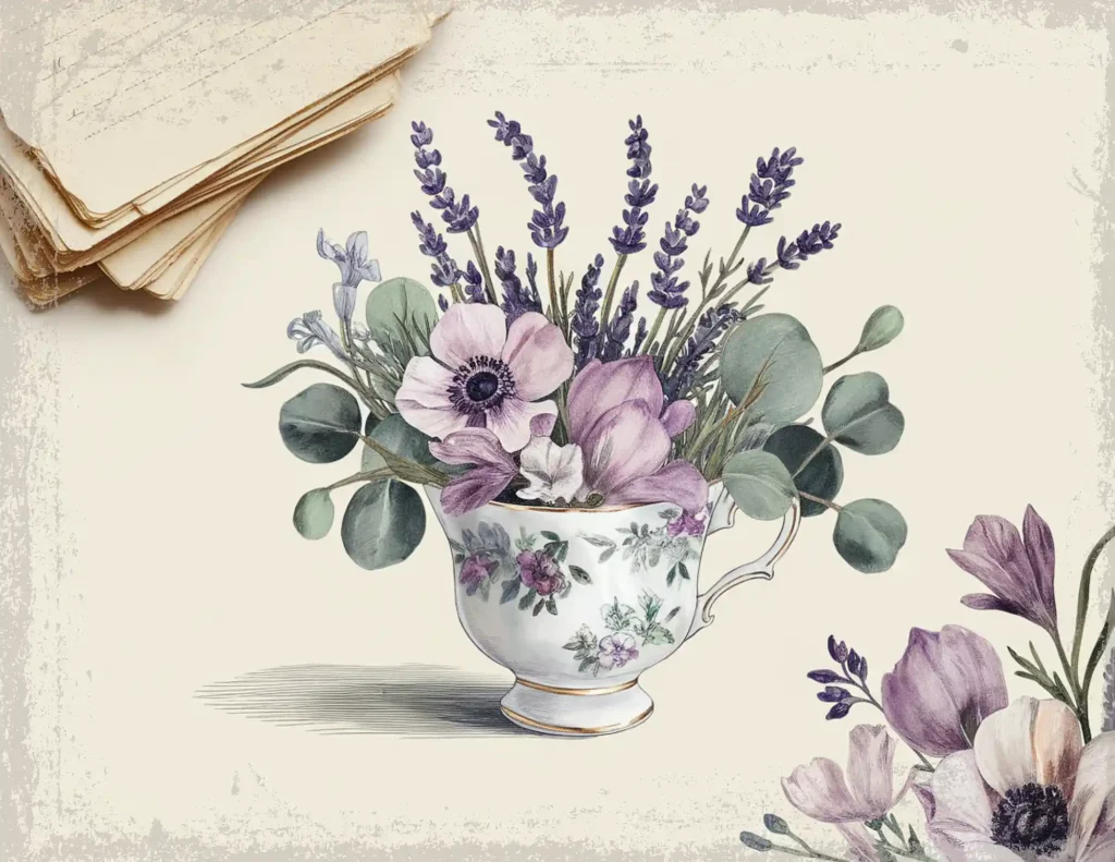 Vintage teacup bouquet with purple lavender, anemones, and eucalyptus on a textured background with old papers.