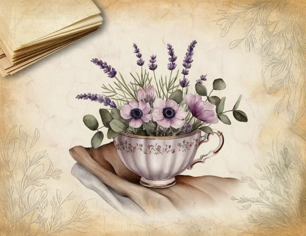 Vintage teacup with lavender and flowers on paper texture background, featuring delicate botanical illustrations.