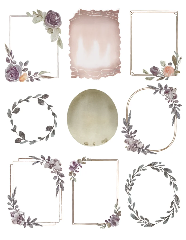 Elegant floral frame collection with vintage designs and decorative borders, ideal for invitations and stationery.
