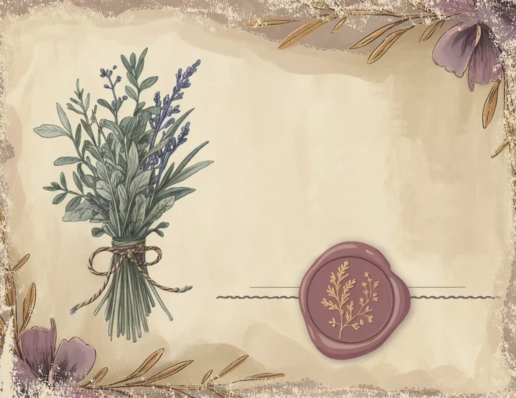 Vintage floral illustration on parchment with wax seal and botanical details. Ideal for invitations or nature-themed designs.