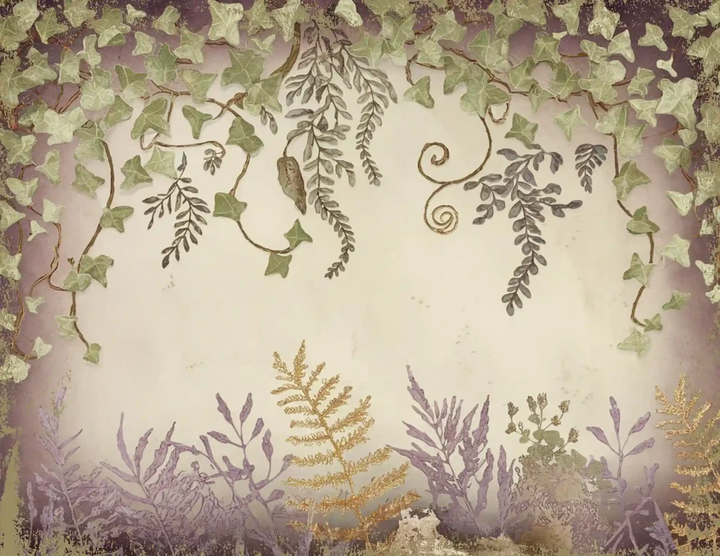 Vintage botanical illustration with ivy and fern leaves, featuring purple and green hues on a textured background.