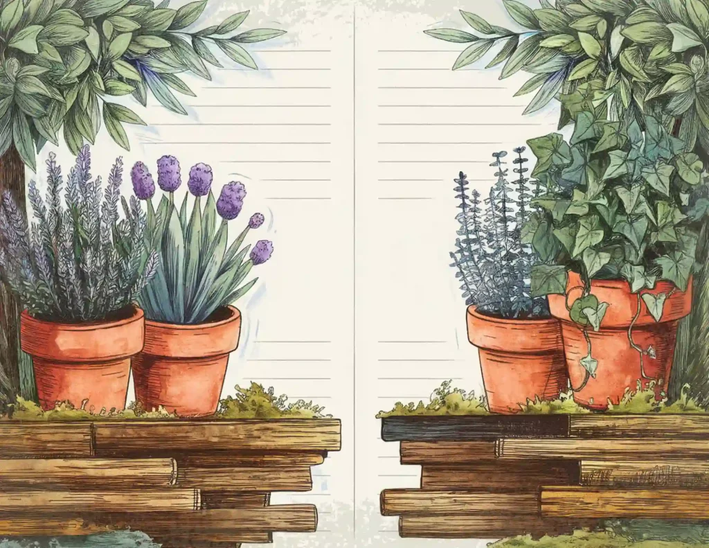 Illustrated garden notebook with potted lavender, basil, and ivy on a wooden shelf, ideal for plant lovers.