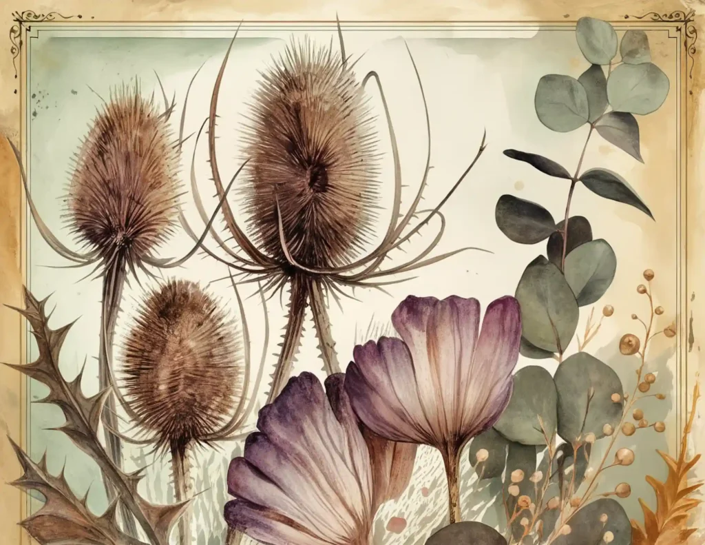 Vintage botanical illustration with thistles, purple flowers, and eucalyptus leaves, framed in a decorative border.