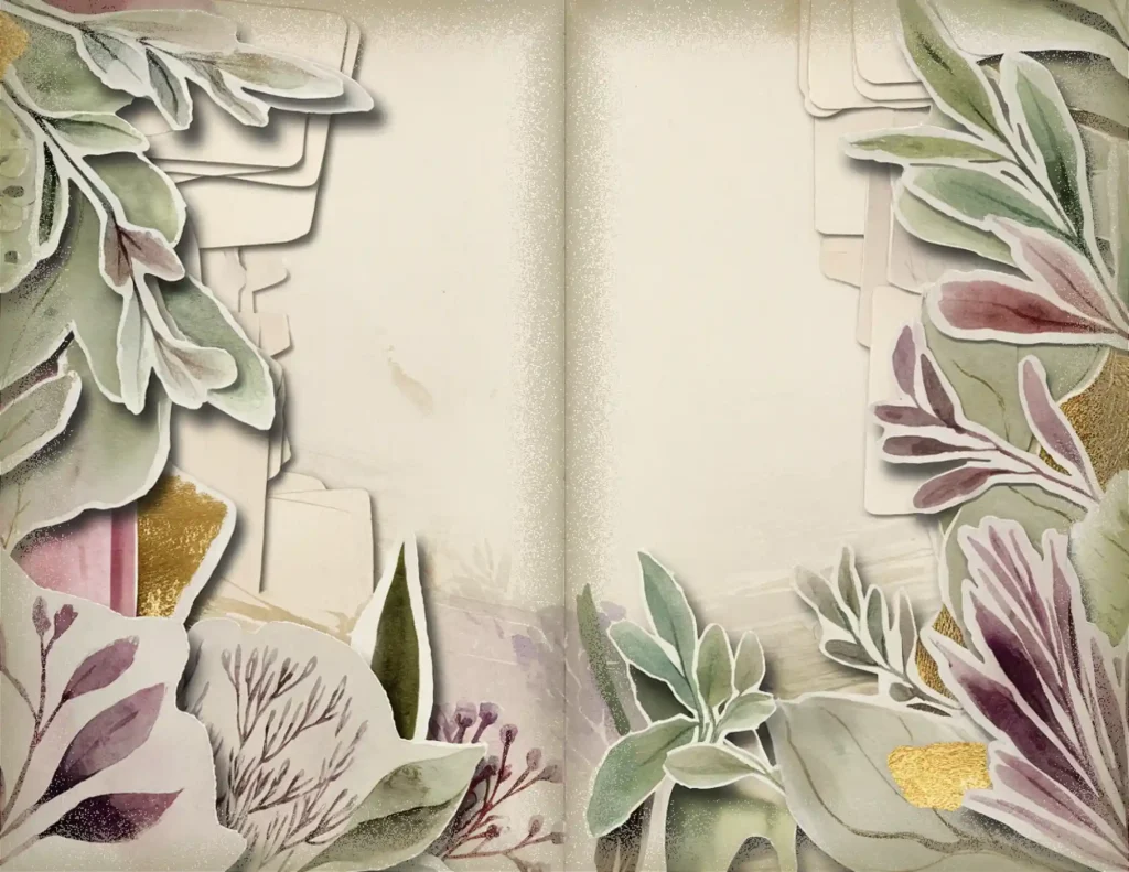 Vintage floral paper collage with earthy tones and gold accents, perfect for invitations or backgrounds.