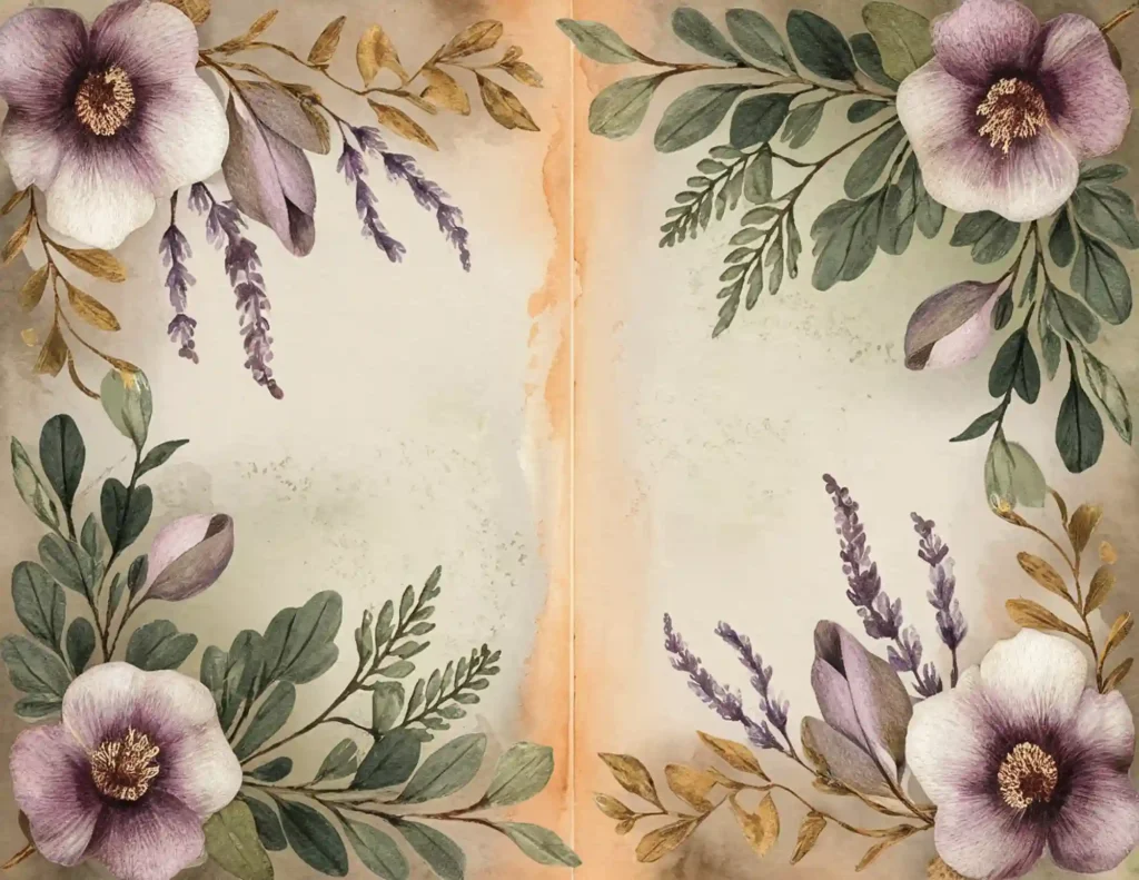Vintage floral design with purple flowers and green leaves on a textured background, perfect for invitations.