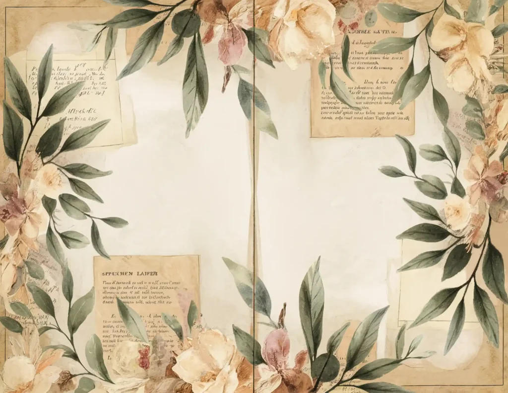 Vintage floral border with green leaves and beige flowers framing aged letters on a textured background.