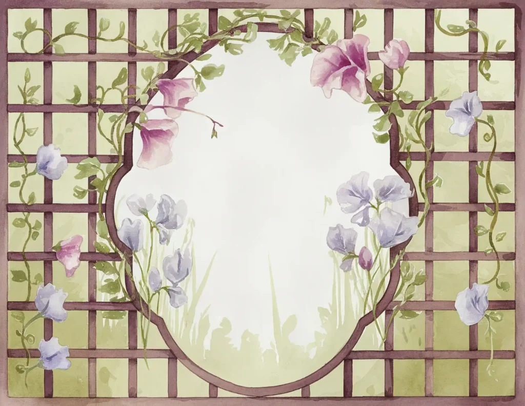 Watercolor floral trellis with pink and purple flowers, featuring a central blank space for text or design.