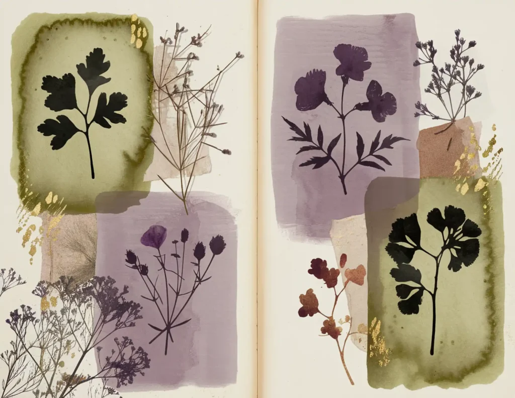 Artistic botanical illustration with vintage floral silhouettes and textured backgrounds in green and purple hues.