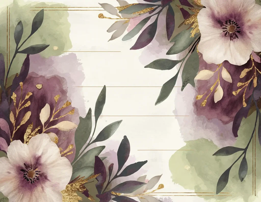 Elegant floral watercolor background with purple, green foliage and gold accents, ideal for invitations or stationery.