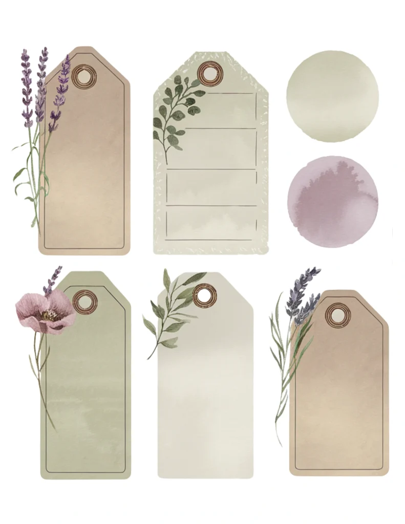 Vintage botanical tags and circles with lavender and foliage designs, ideal for crafts and scrapbooking projects.