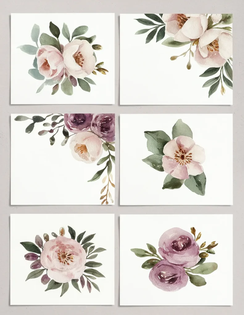 Watercolor floral arrangements in soft pink and purple hues, perfect for elegant stationery or greeting cards.