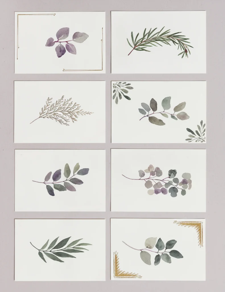 Watercolor botanical illustrations on cards, featuring different leaf designs.