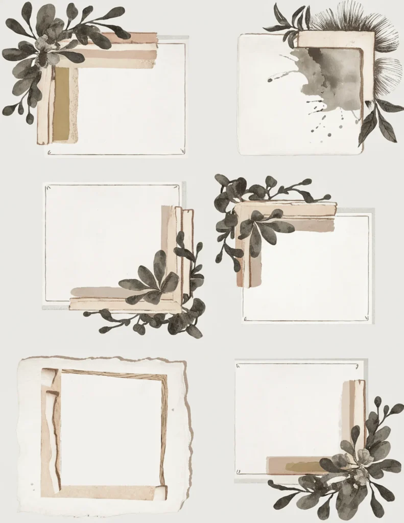 Watercolor frames and leaves with vintage paper design elements, ideal for decorative purposes or invitations.