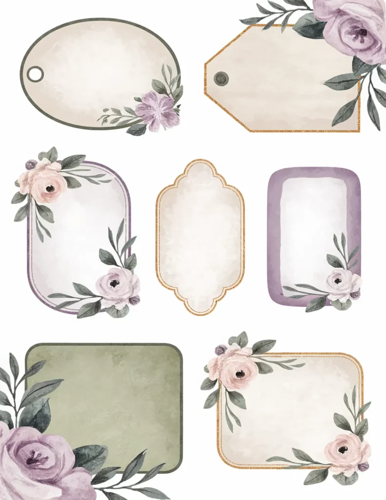 Rustic floral labels with vintage designs and purple roses, perfect for weddings, crafts, or DIY projects.
