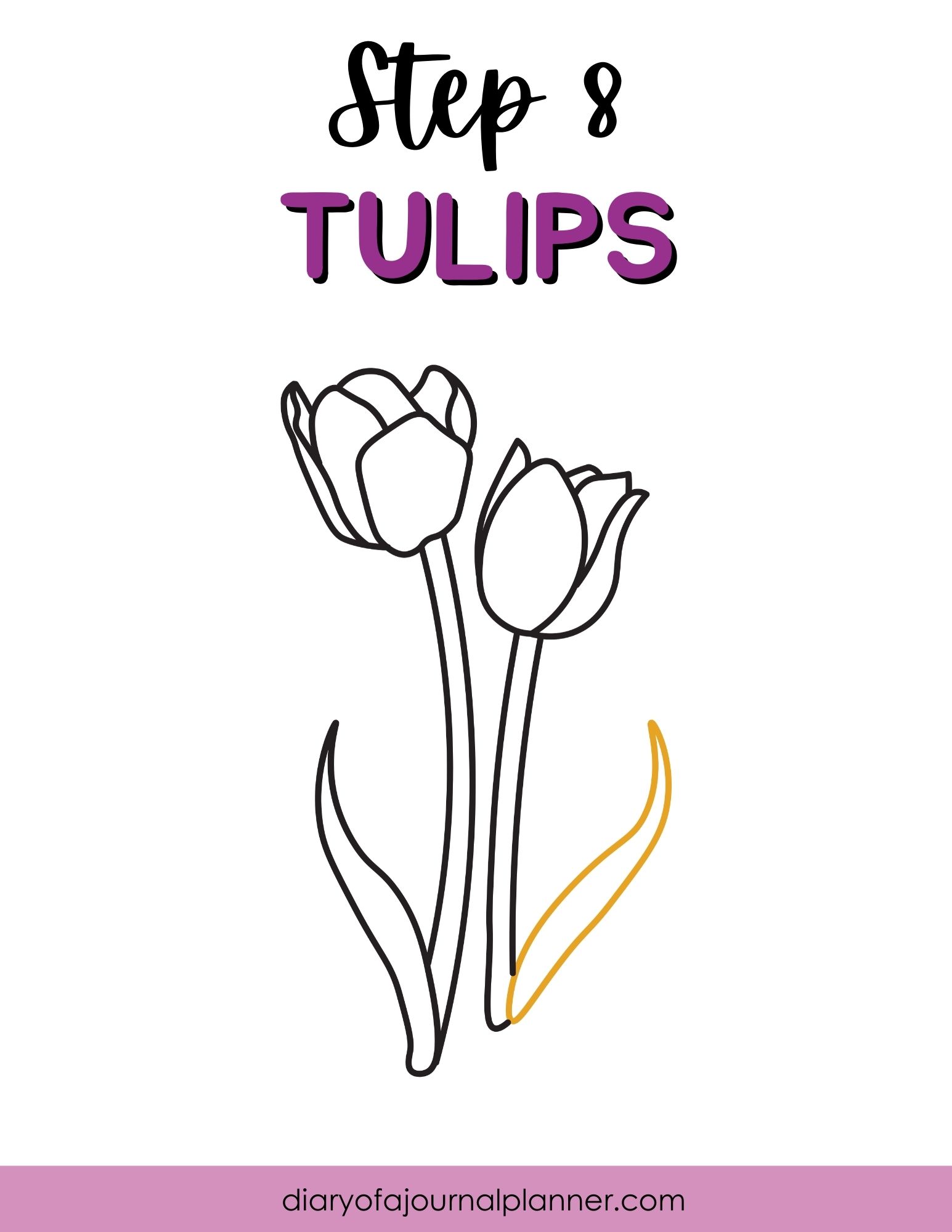 Step 8 of drawing tulips: outline of tulip flowers with instructions, featuring simple line art.