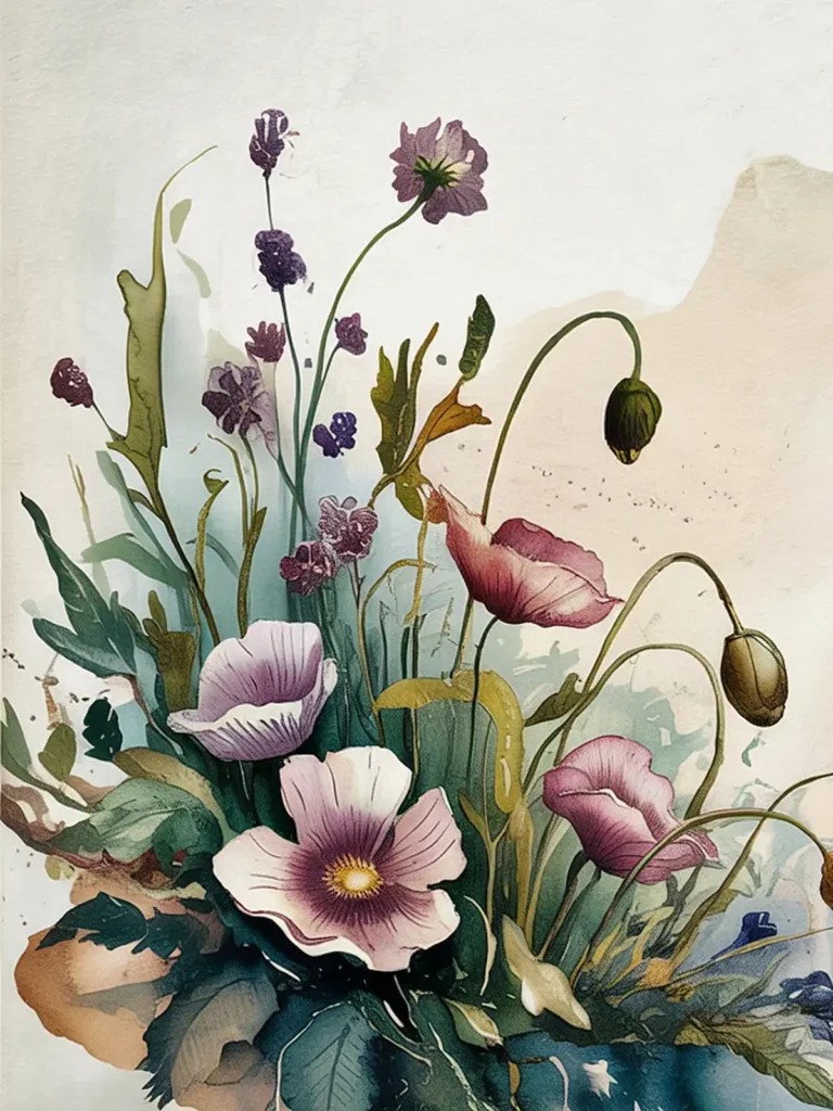 Watercolor painting of wildflowers and foliage with a soft pastel background.