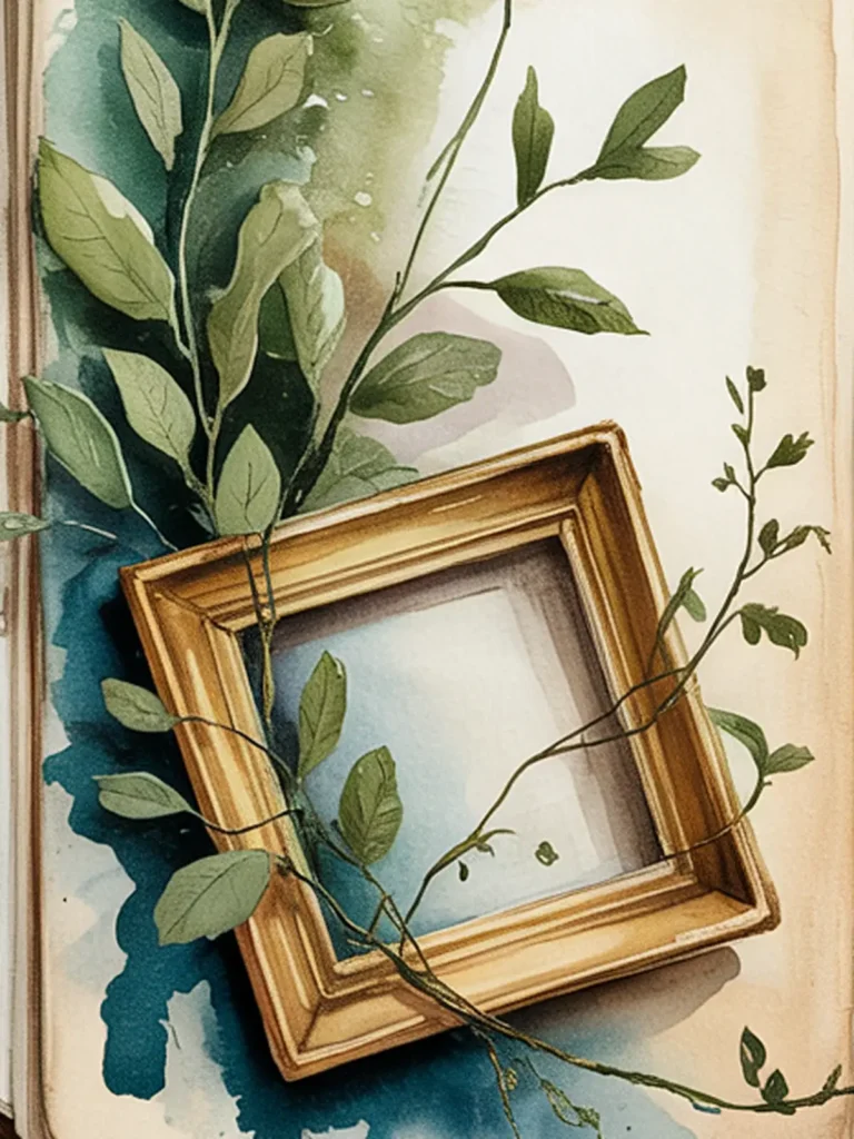 Empty gold frame with green vines, set against watercolor background on paper.