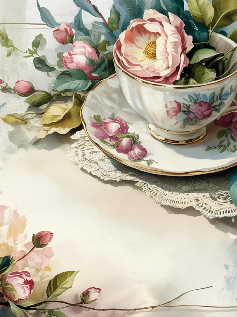 Vintage teacup and saucer with pink roses and lace, creating an elegant floral setting.
