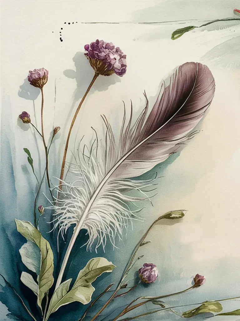 Watercolor painting of a delicate feather entwined with purple flowers on a muted, textured background.