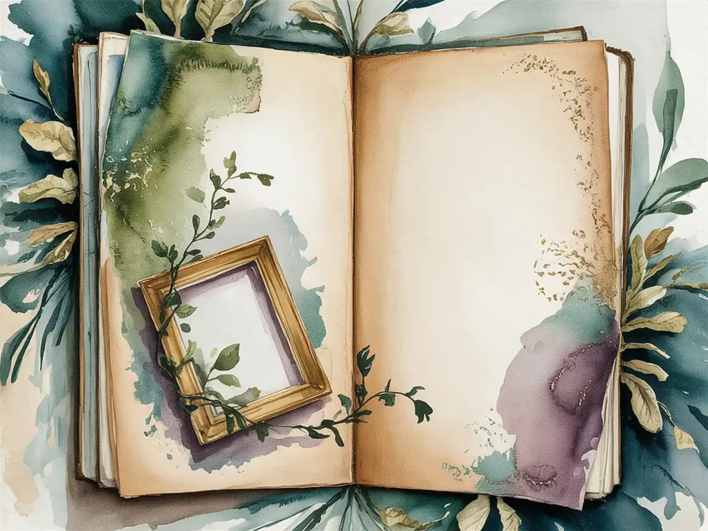 Open vintage book with watercolor art and leaves, featuring an empty photo frame on a textured background.