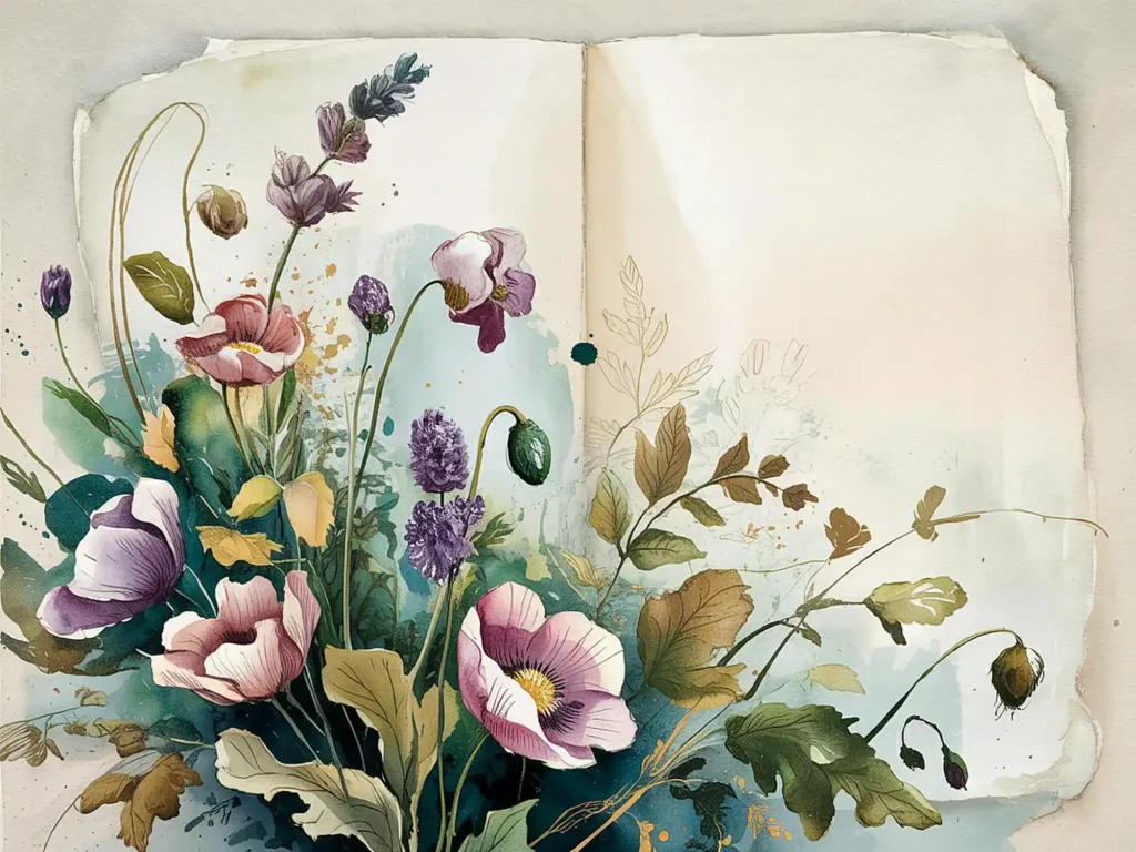 Watercolor flowers blooming on the pages of an open book, blending art and nature beautifully.