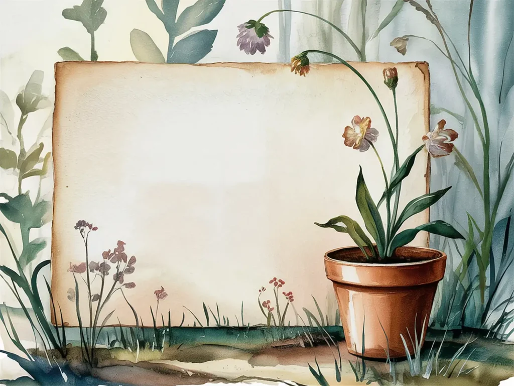 Potted flower with blank paper background, surrounded by watercolor plants. Perfect for garden-themed invitations.
