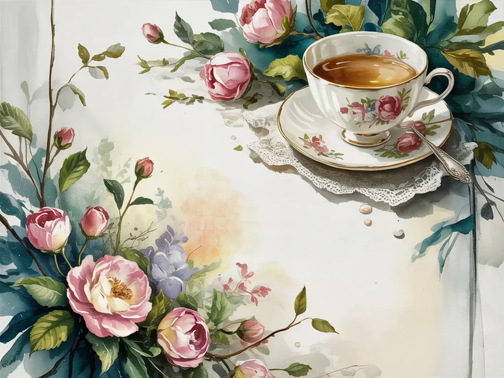 Teacup with floral design, surrounded by blooming roses and leaves, creating a serene vintage-style setting.