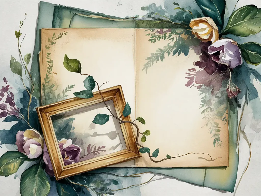 Vintage open book with floral decorations, empty picture frame, and watercolor leaves. Elegant artistic design.