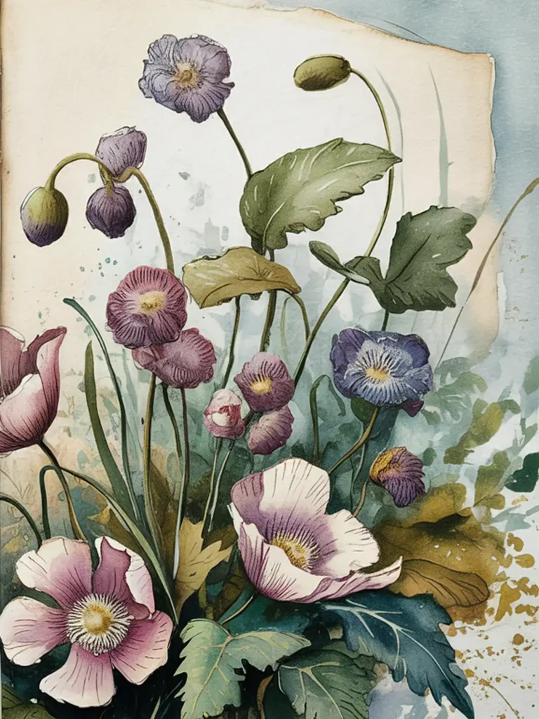 Watercolor painting of vibrant purple and white flowers with lush green leaves, capturing nature's delicate beauty.