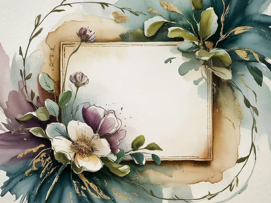 Elegant floral frame with watercolor flowers and leaves surrounding a blank space, ideal for invitations or designs.