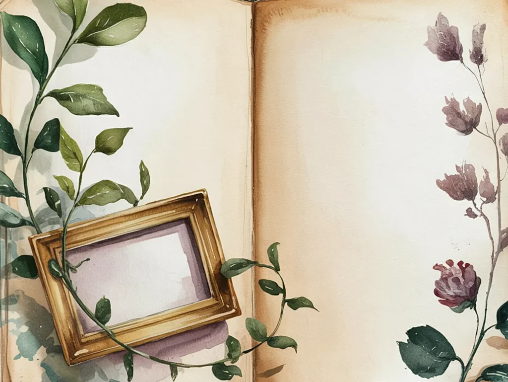 Empty vintage book with a floral border and empty picture frame, ideal for creative backgrounds or artistic projects.