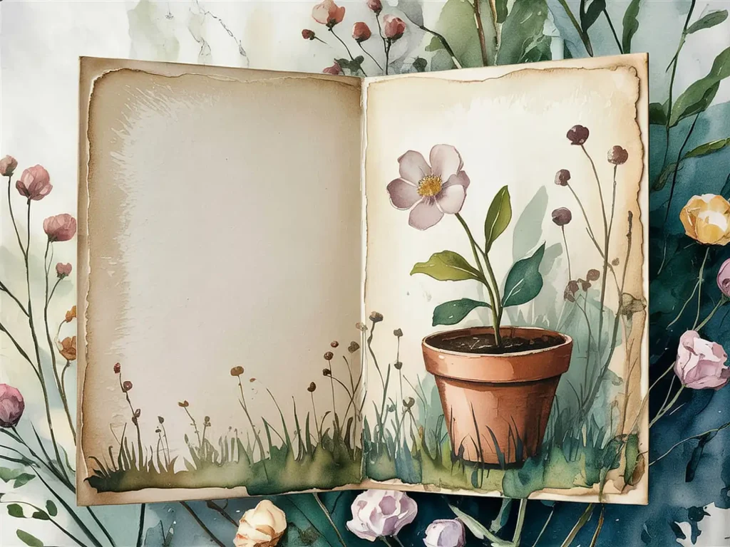 Watercolor book illustration of a potted flower with an open page covered in floral designs.