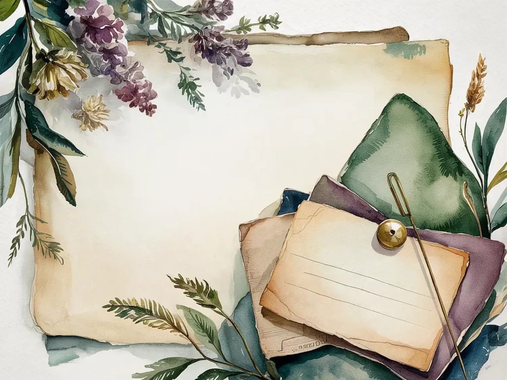 Watercolor floral stationery with vintage paper and leaves, perfect for invitations or creative backgrounds.