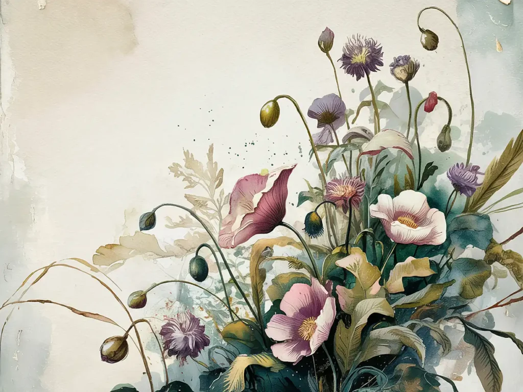 Watercolor floral illustration of pink and purple flowers with green leaves on a light background.