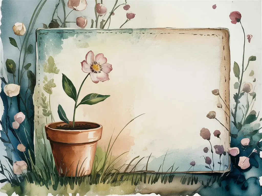 Watercolor floral frame with a potted flower, ideal for invitations or garden-themed designs.