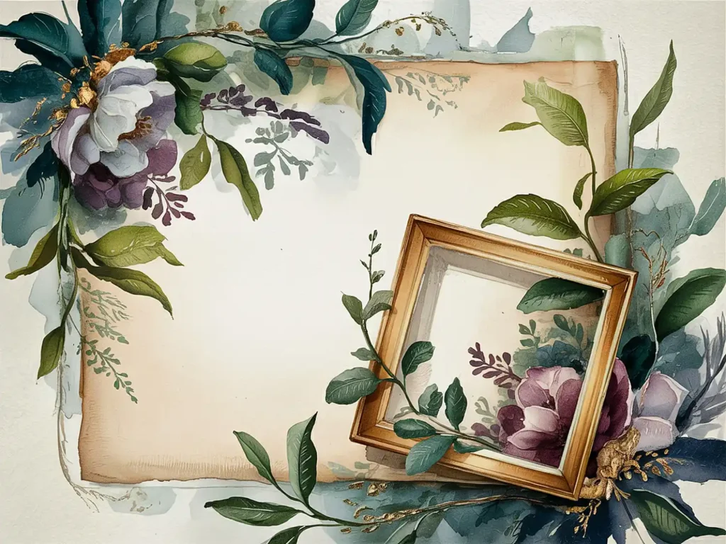 Elegant floral frame design with watercolor flowers and golden accents, perfect for invitations or decorative backgrounds.
